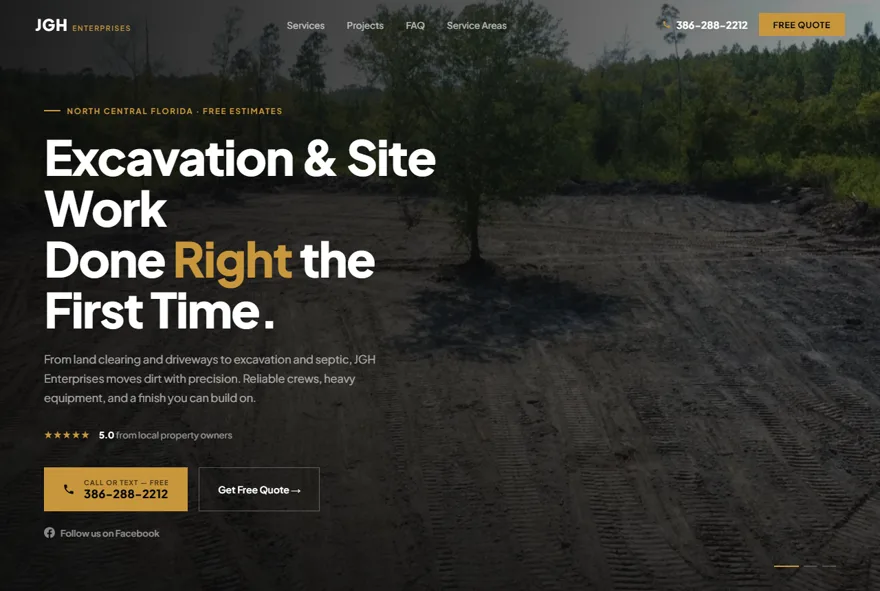 Screenshot of the live JGH Enterprises excavation website