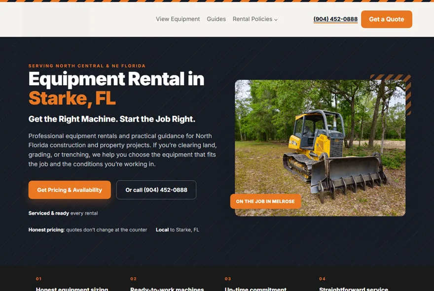 Screenshot of the live T.E.S. Rentals equipment rental website